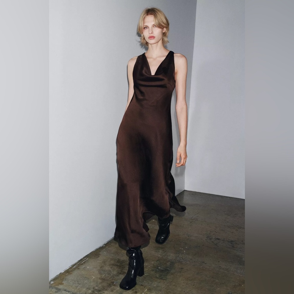 NEW Zara zw collection Elegant Brown Sleeveless maxi stin effect evening dress - Picture 7 of 9